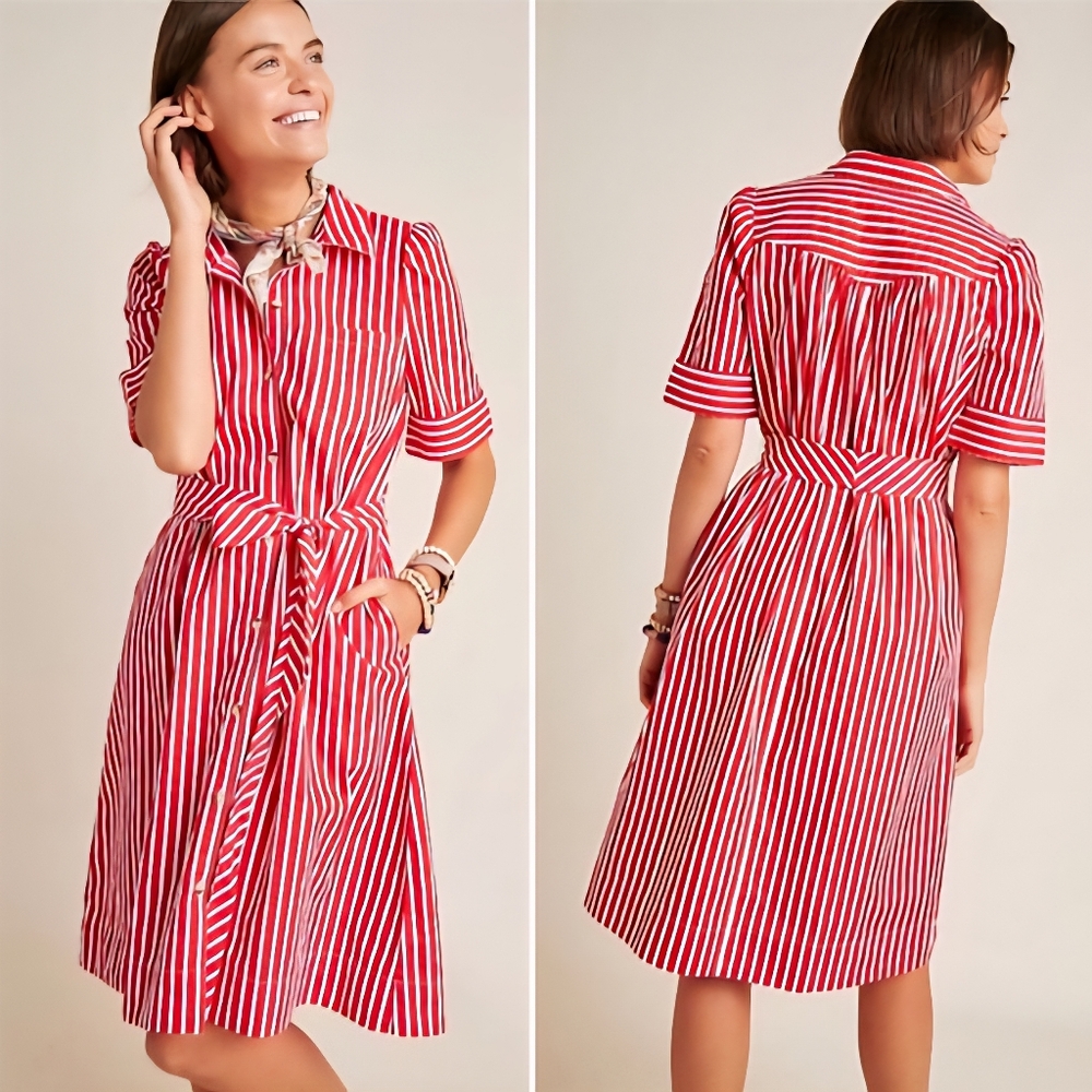 Anthropologie Maeve Kiana Red White Striped Retro Vintage Style Shirt Dress